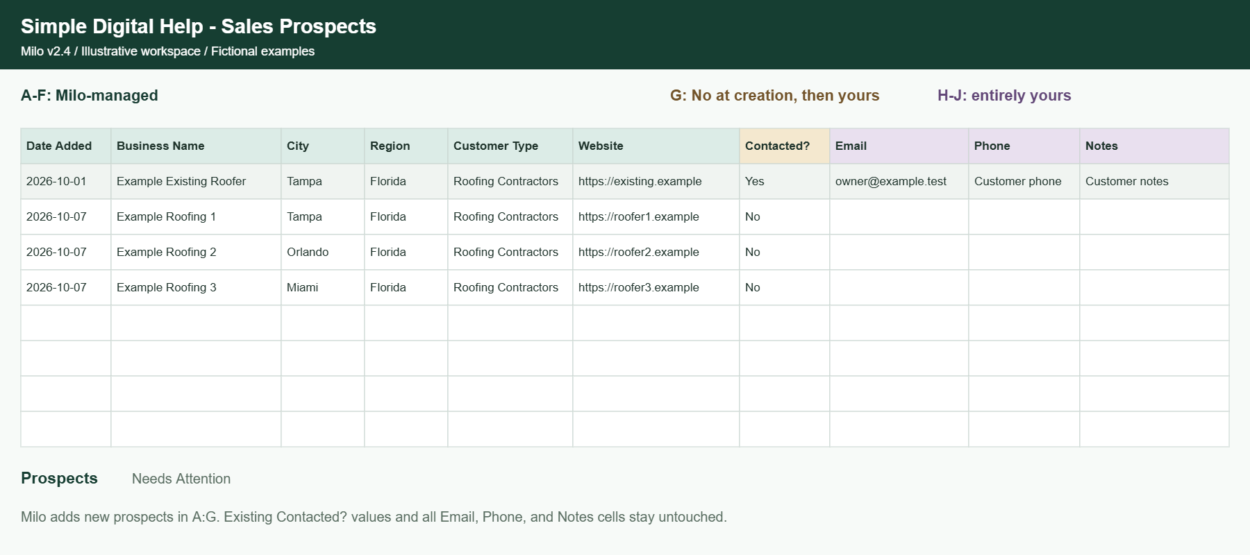 Illustrative spreadsheet demonstration. Follow the v2.4 guide for the current workspace structure.